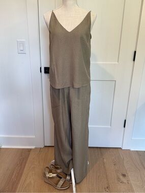 Gentle Fawn Satin Jacquard pants Set | Size Small | Taupe Olive Wide Leg Set